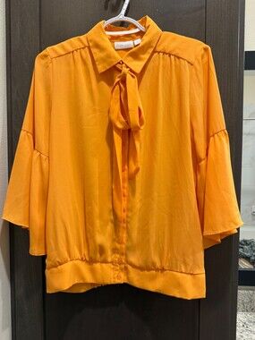 New York & Company Orange Tie-Neck Blouse Size S